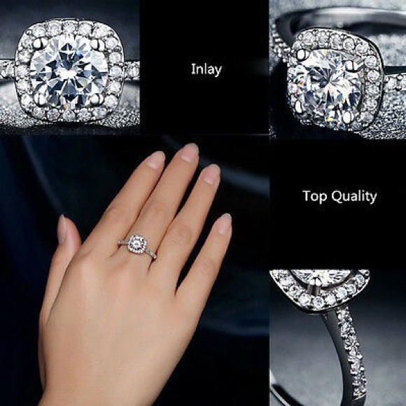 18k White Gold Diamond Cz Cushion Halo Ring - Picture 3 of 8